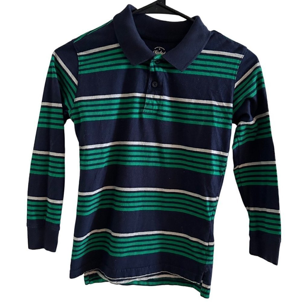 Blue Gray and Green Striped Long Sleeve Polo Size Youth Medium (8)